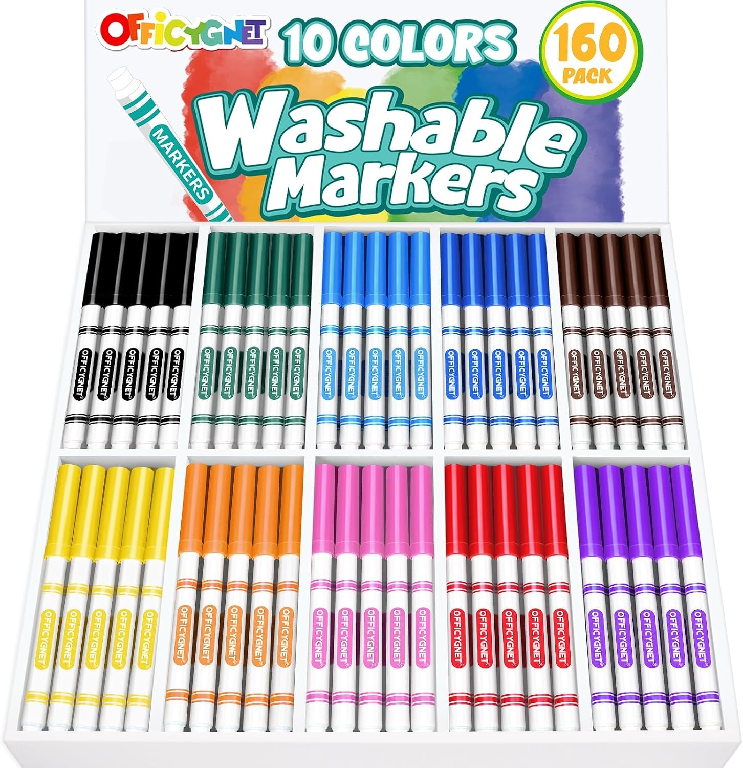 160 Count Washable Markers Bulk, 10 Assorted Colors, Conical Tip with Fine & Broad Line Coloring Marker for Kids, Markers Bulk for Classroom, School Art Supplies, Back to School Essentials