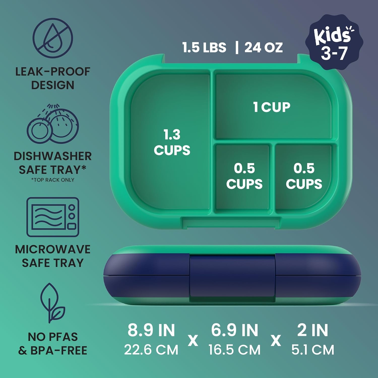 Bentgo Chill Kids 4-Compartment Bento Box Leakproof Lunch Box | Built-In Ice Pack, 3.3 Cup Capacity, Bpa-Free, Microwave & Dishwasher Safe Tray, Ideal for Ages 3–7 (Green/Navy)