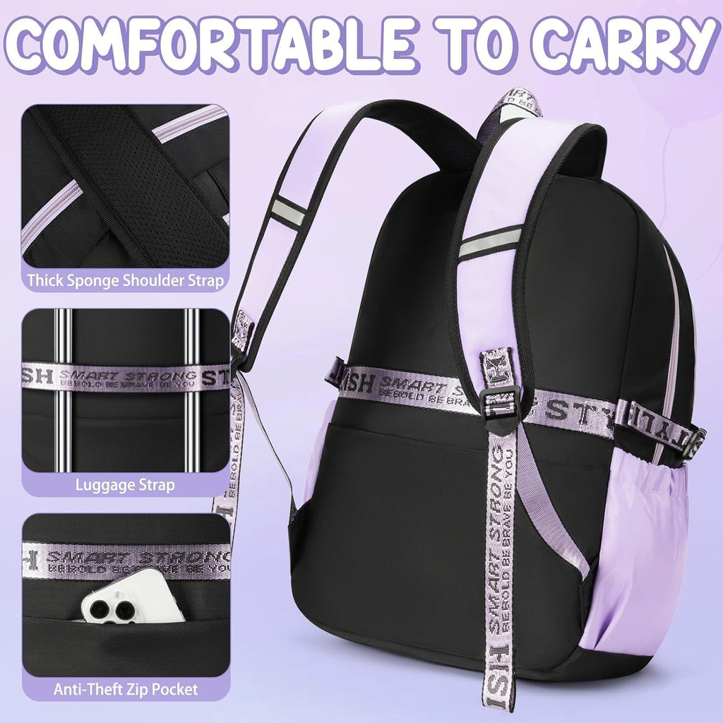 Backpack for Girls, 3 PCS Waterproof Girls Backpack with Lunch Box | W/ Pencil Case, Kid Backpacks for Teen Girl Kindergarten Elementary Middle High School Student Back to School Kid Bookbag Set