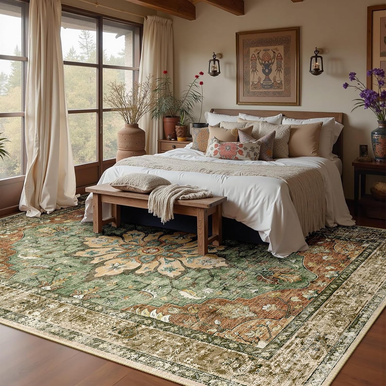 Area Rugs 8'X10' Washable Non-Slip, Floral Vintage Distress Medallion Carpet for Living Room Bedroom Dining Room, Terracotta Burnt Orange Green