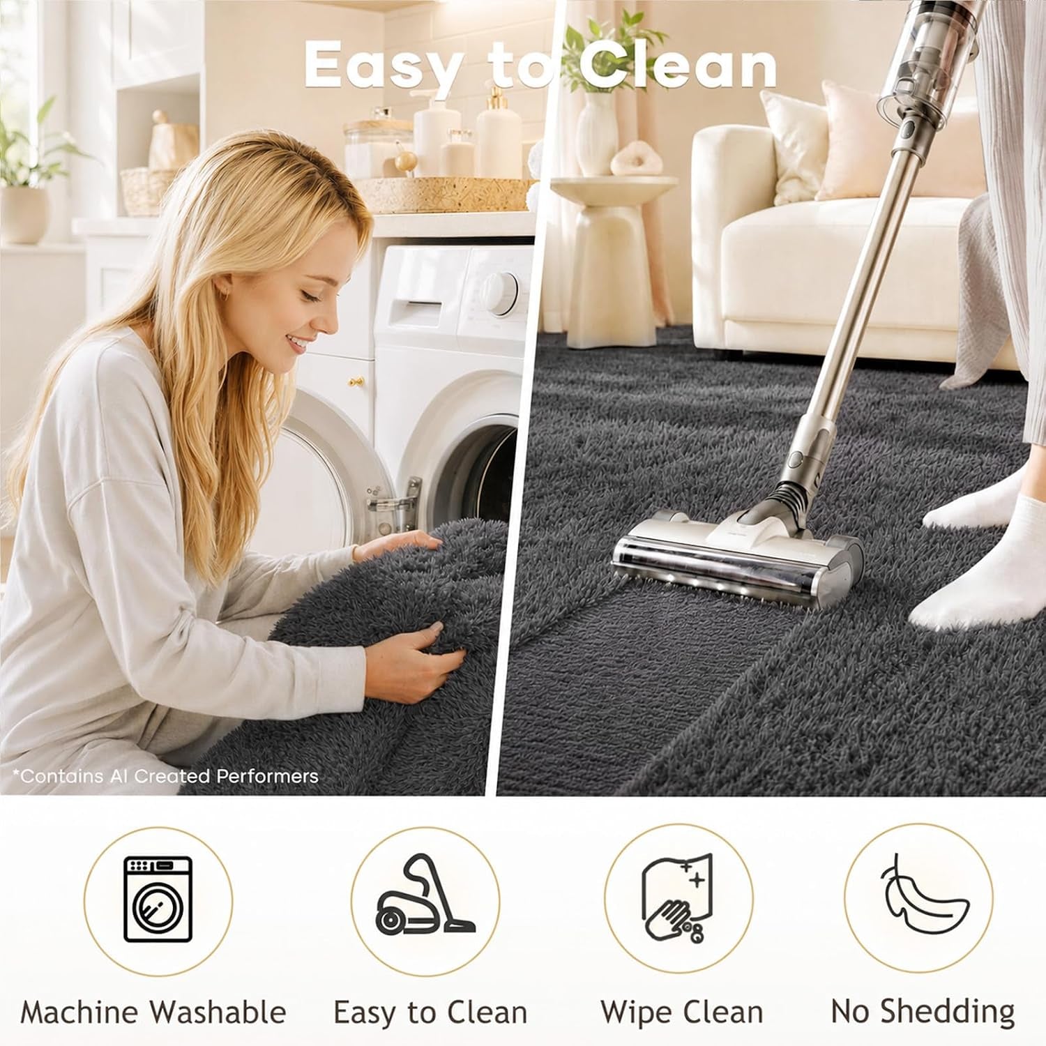 Area Rugs for Living Room Bedroom, Washable Non-Slip Fluffy Soft Grey Shag Carpet, Indoor Floor Gray 4X6 Fuzzy Shaggy Living Room Plush Rug for Kids Home Dorm Decor Aesthetic