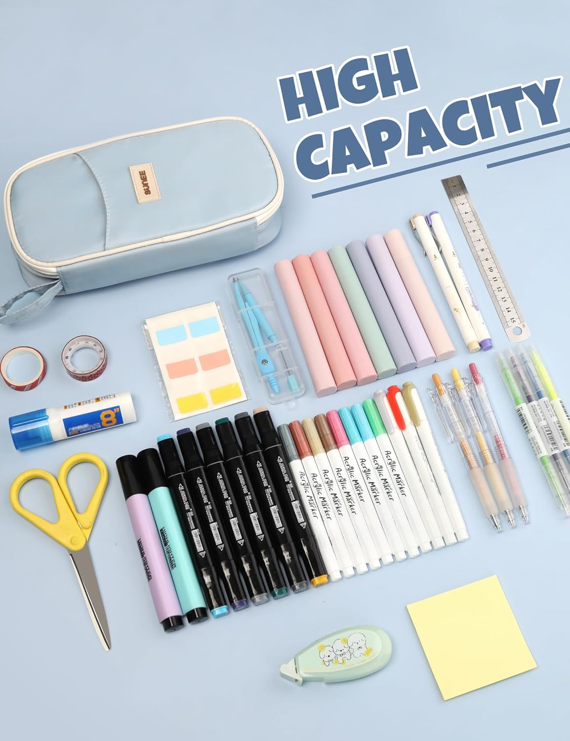 Cute Pencil Case, Aesthetic Pen Pouch, Colored Large Pencil Bag with Zipper, Kawaii Stationery Storage and Organizer, School Supplies for Teen and Adult Girls, Blue