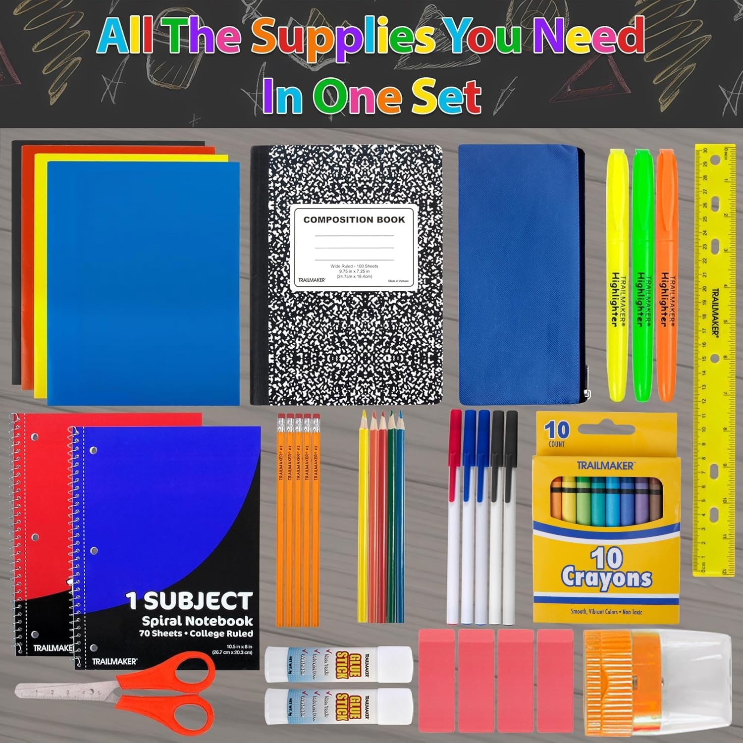 School Supplies Kit 45 Piece School Supply Kit Grades K-12 – Back to School Essentials Includes Folders Notebooks Pencils Pens and Much More!