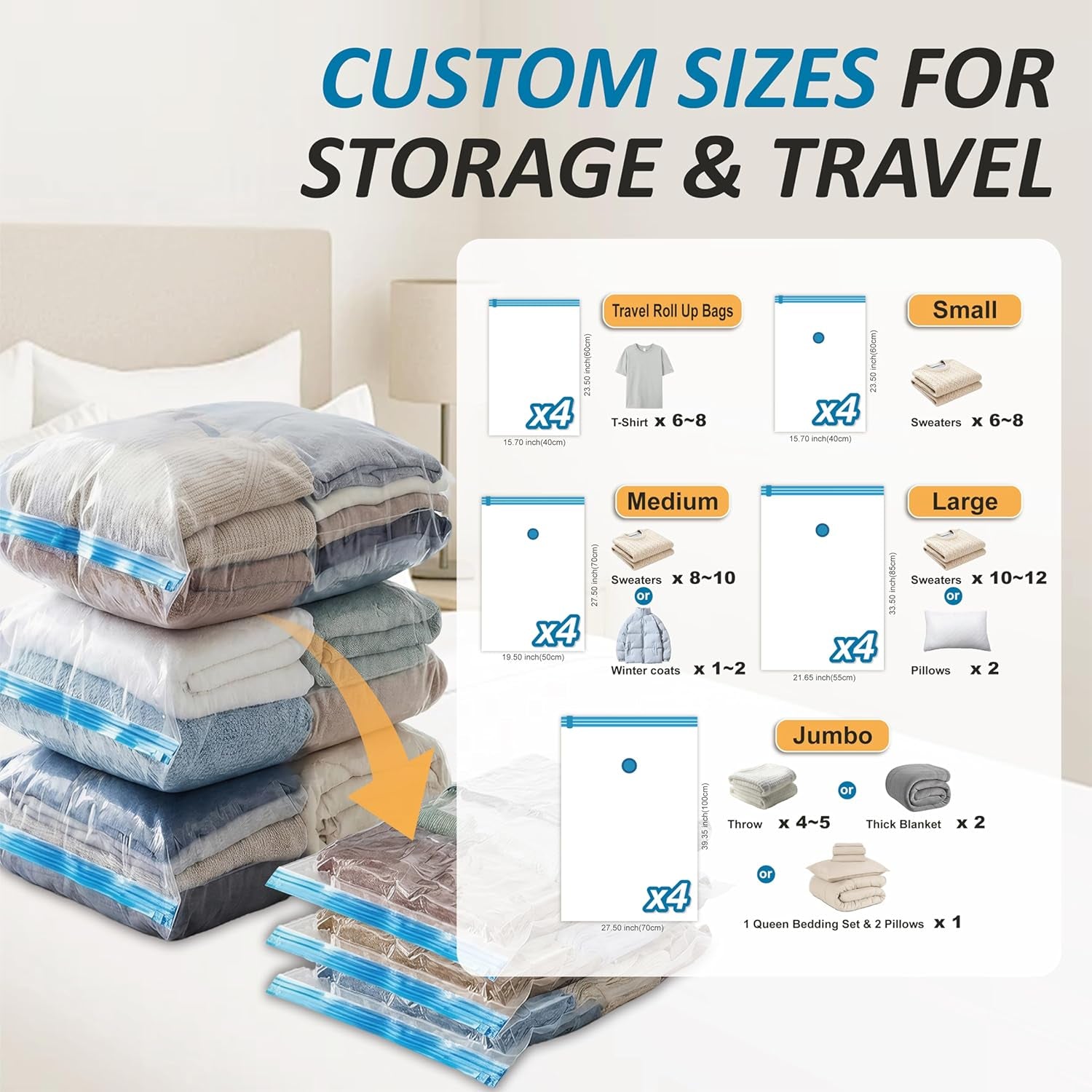 Vacuum Storage Bags, 80% Compression Vacuum Seal Space Saver Plastic Packaging Bags for Clothes, Blankets, Pillow, Bedding, Comforters, Sealer Clothing Storage,20 Combo