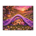 Sleeping Golden Retriever Puppy Canvas Wall Art | Cozy Nursery Decor | Whimsical Sunset Meadow Print