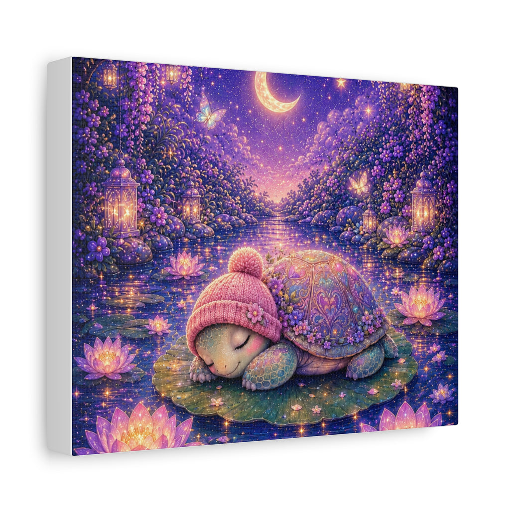Sleeping Baby Turtle Canvas Wall Art | Whimsical Nursery Decor | Dreamy Moonlit Pond Print