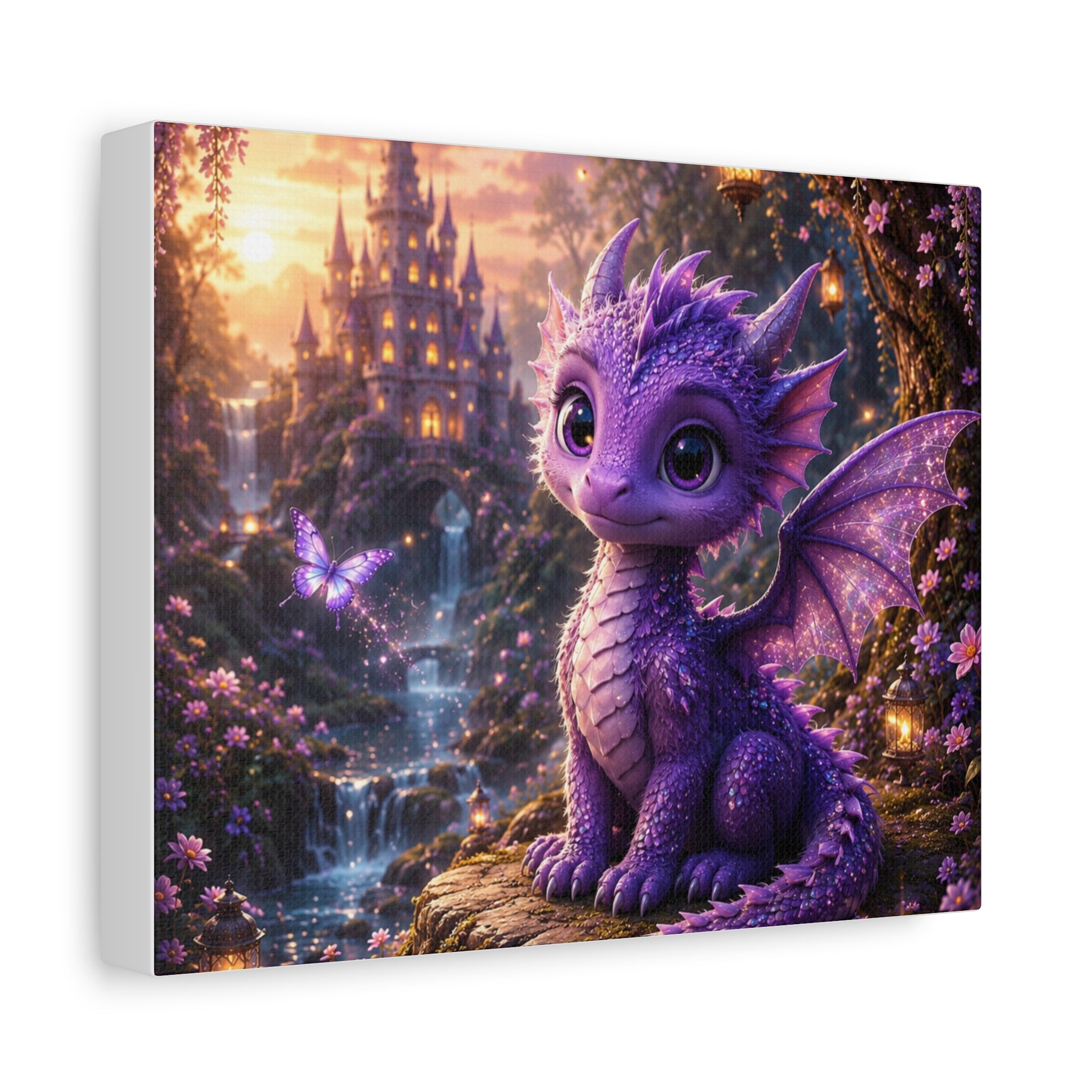 Enchanted Baby Dragon Canvas Wall Art | Fantasy Castle Decor | Whimsical Purple Dragon Print