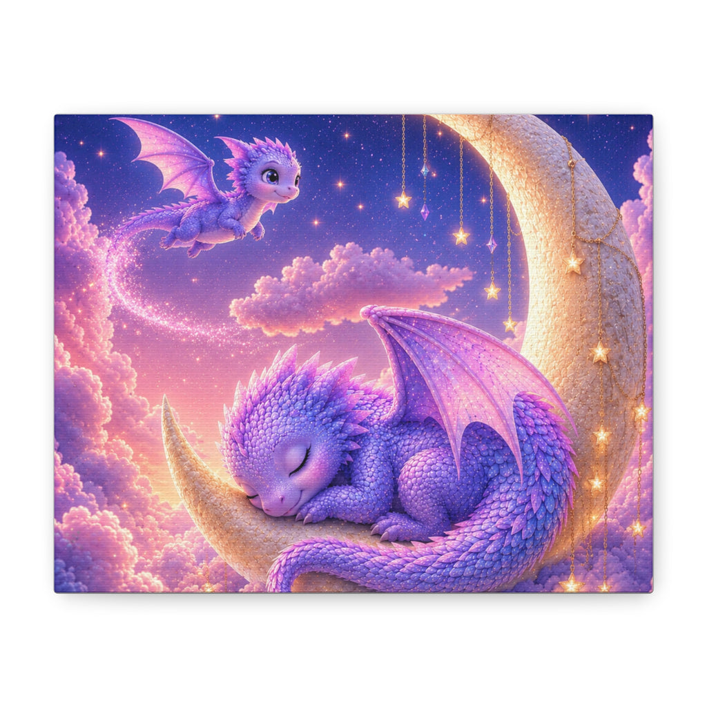 Sleeping Baby Dragon on Moon Canvas Wall Art | Fantasy Nursery Decor | Whimsical Dragon Canvas Print