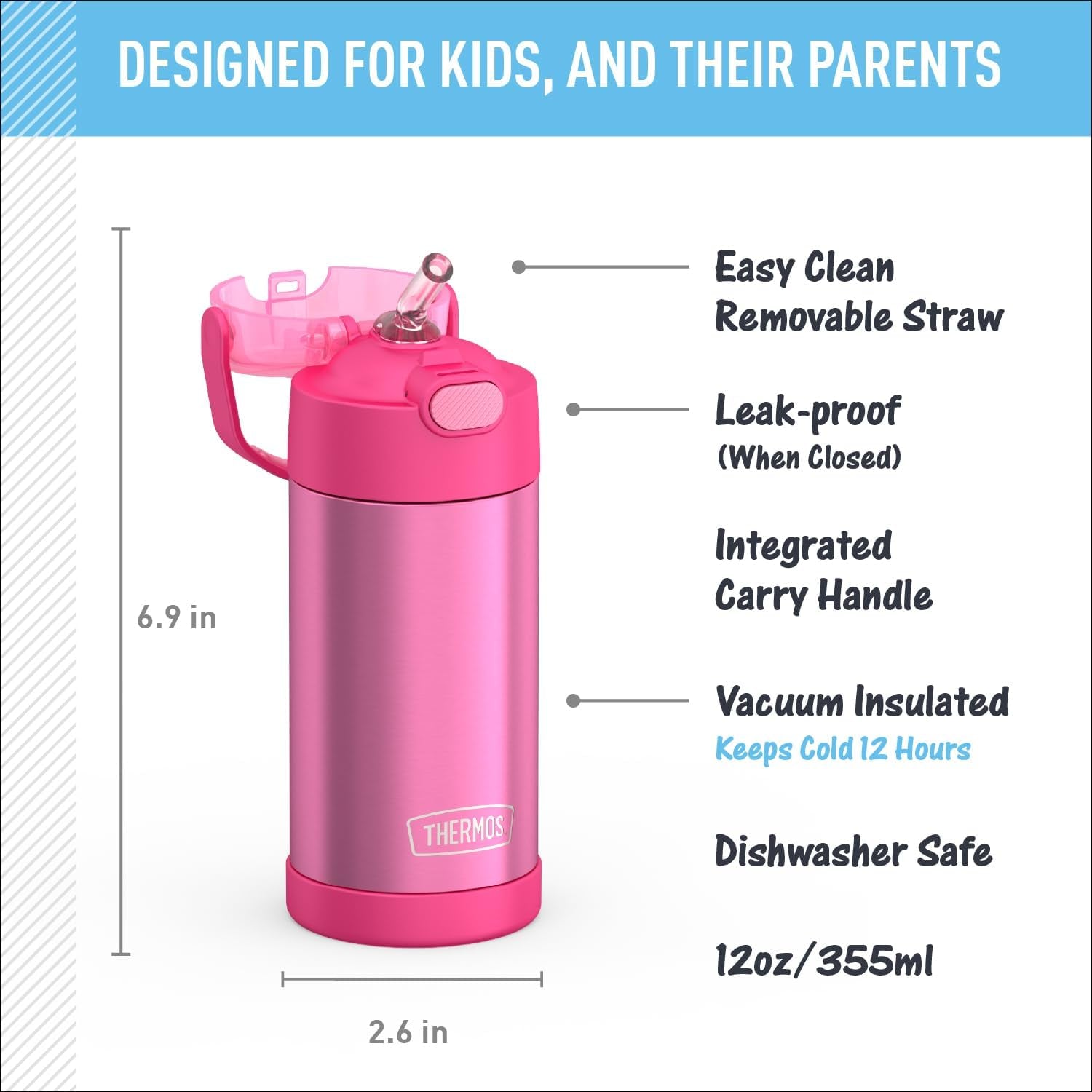 FUNTAINER Water Bottle with Straw, 12Oz, Pink