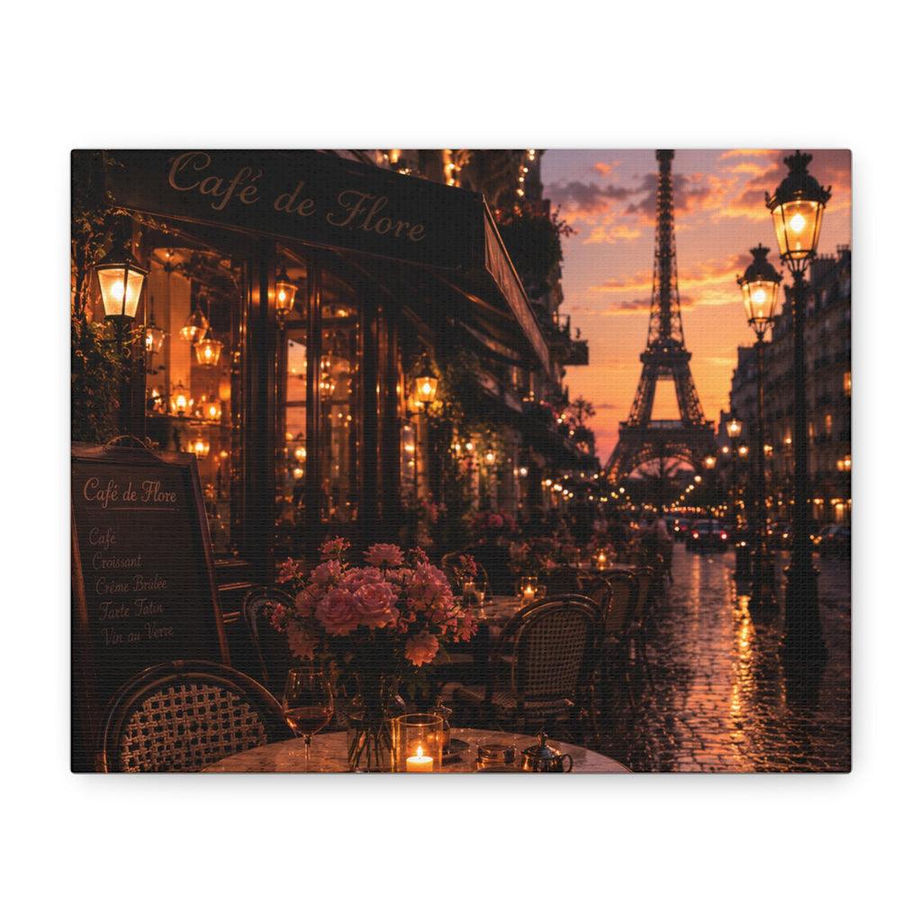 Romantic Paris Café Canvas Wall Art | Eiffel Tower Sunset Print | French Cityscape Decor
