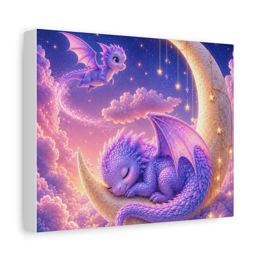 Sleeping Baby Dragon on Moon Canvas Wall Art | Fantasy Nursery Decor | Whimsical Dragon Canvas Print