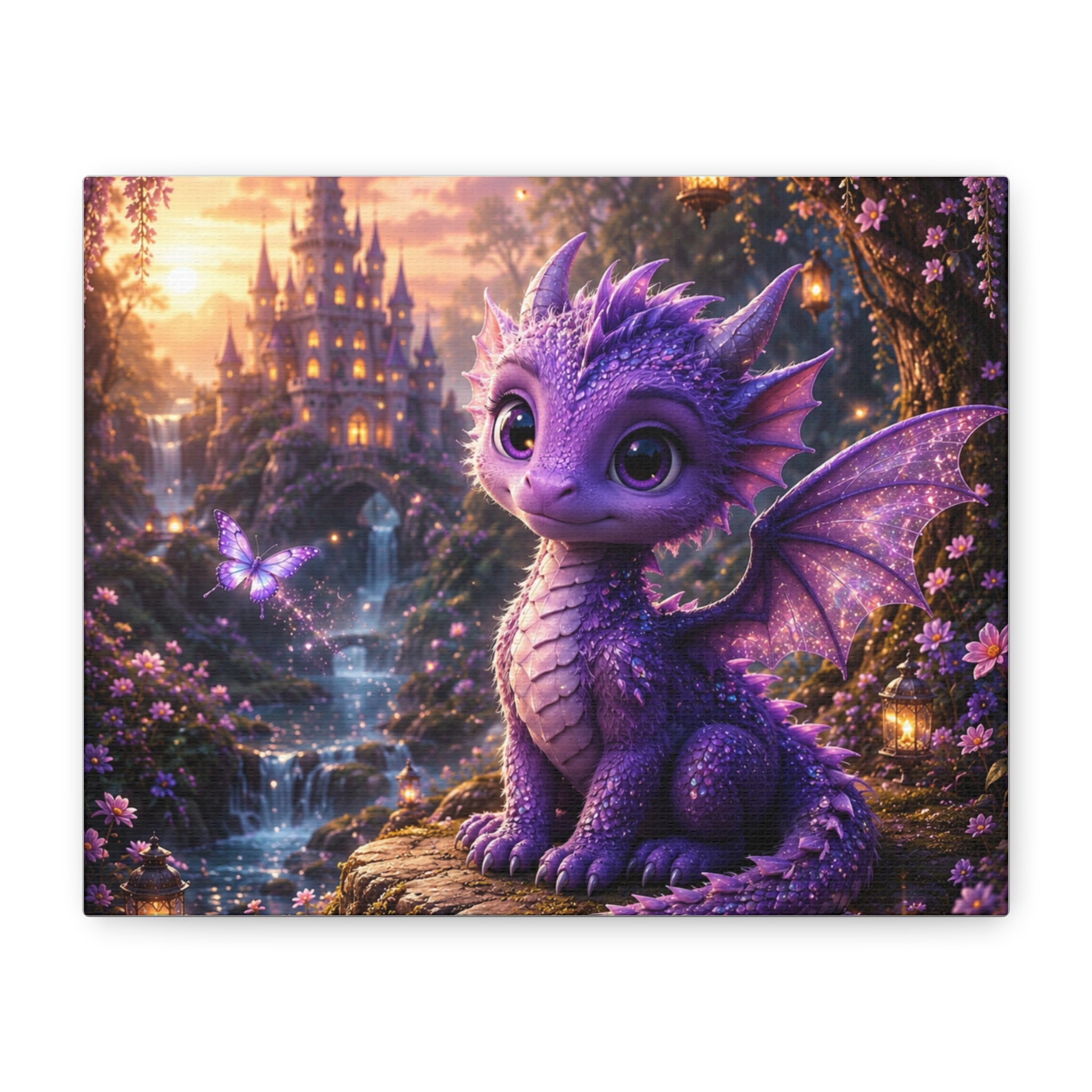 Enchanted Baby Dragon Canvas Wall Art | Fantasy Castle Decor | Whimsical Purple Dragon Print