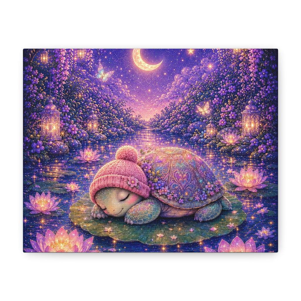 Sleeping Baby Turtle Canvas Wall Art | Whimsical Nursery Decor | Dreamy Moonlit Pond Print