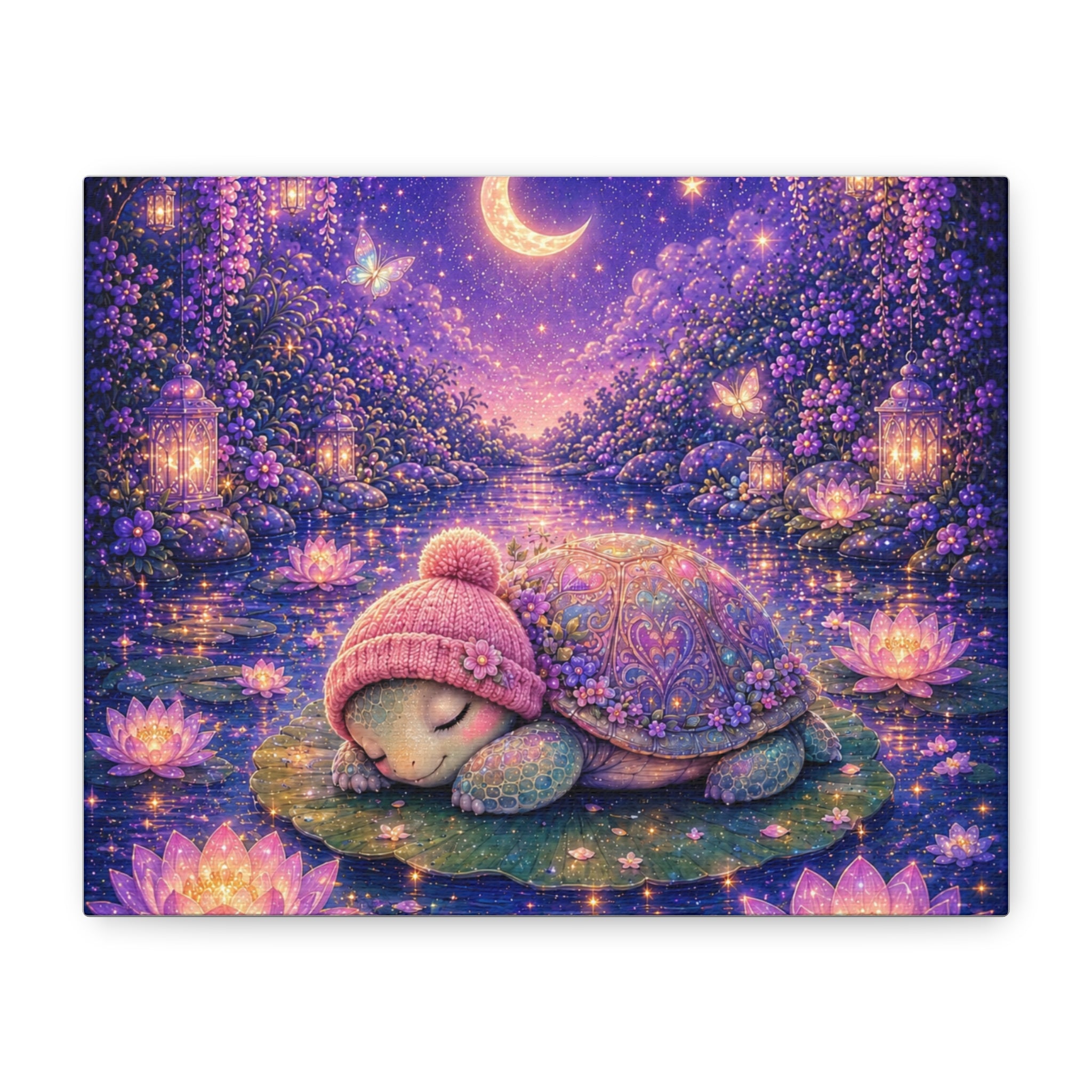 Sleeping Baby Turtle Canvas Wall Art | Whimsical Nursery Decor | Dreamy Moonlit Pond Print