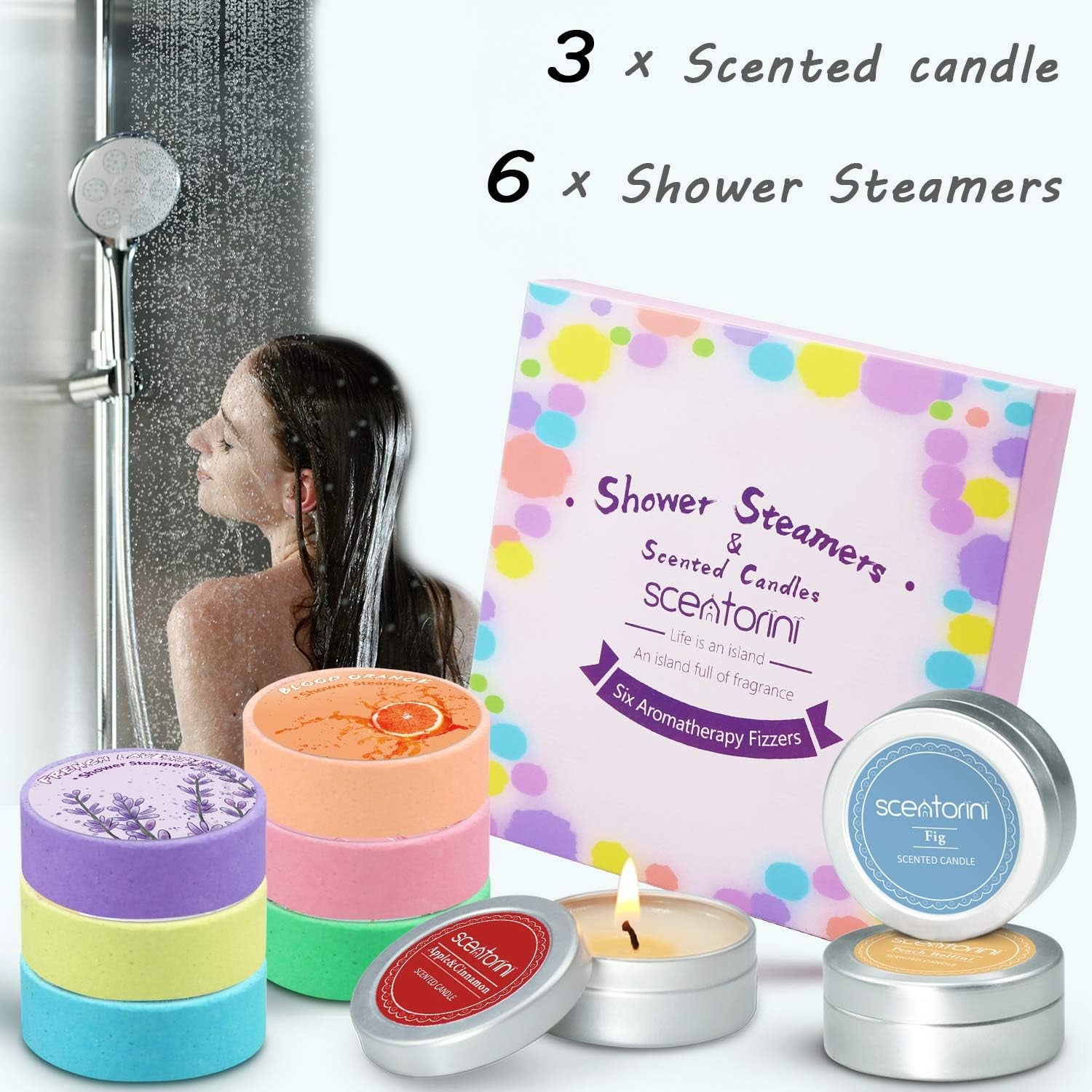 Shower Steamers, Shower Bombs with Scented Candles, Shower Steamers Aromatherapy, 6 Aromatherapy Shower Bombs, 3 Tealight Candles, Use for Home Spa Christmas Gifts
