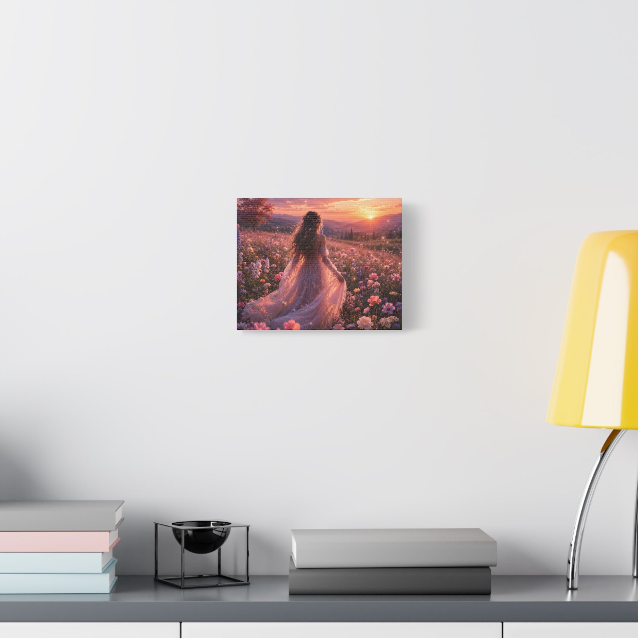 Blooming Wildflower Sunset Canvas Wall Art | Romantic Floral Landscape | Feminine Nature Decor