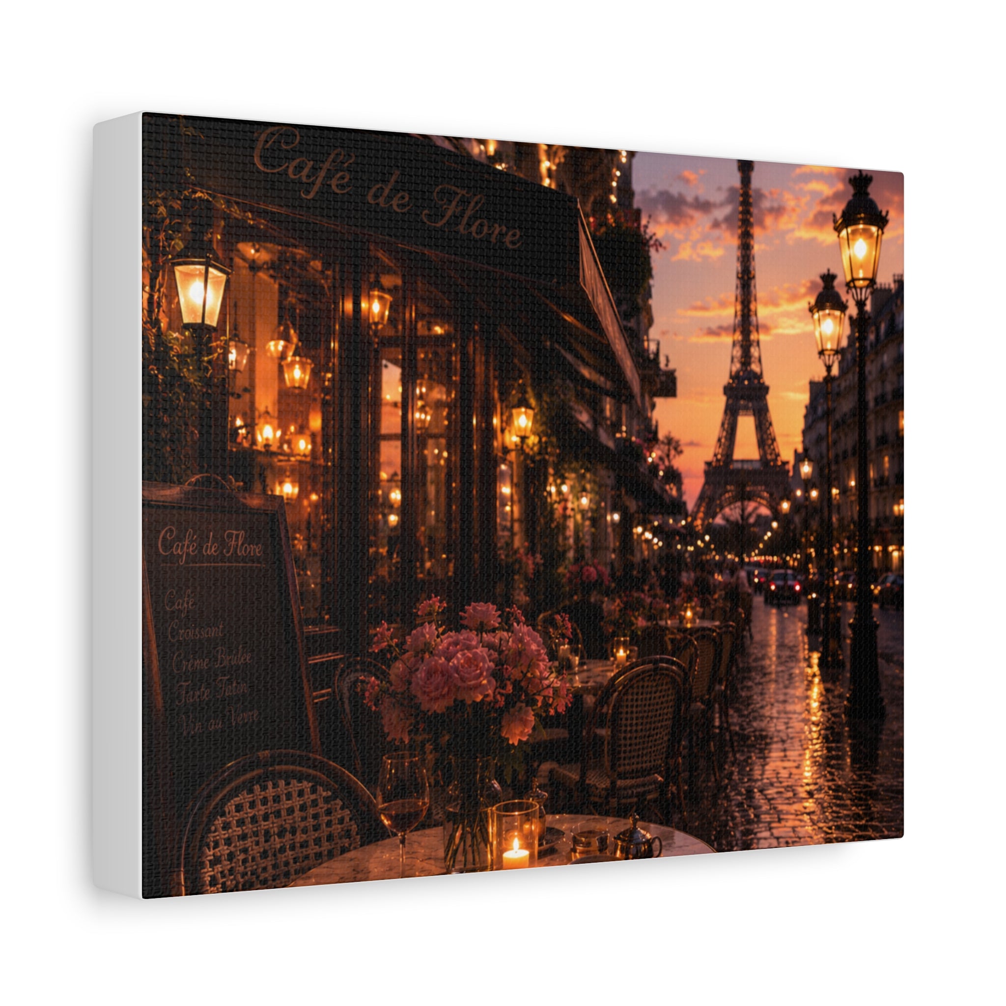 Romantic Paris Café Canvas Wall Art | Eiffel Tower Sunset Print | French Cityscape Decor