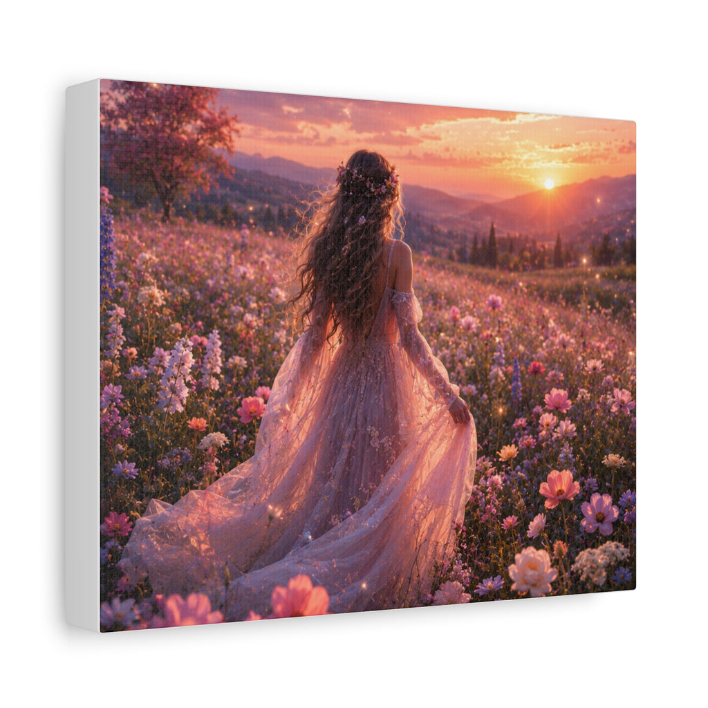 Blooming Wildflower Sunset Canvas Wall Art | Romantic Floral Landscape | Feminine Nature Decor