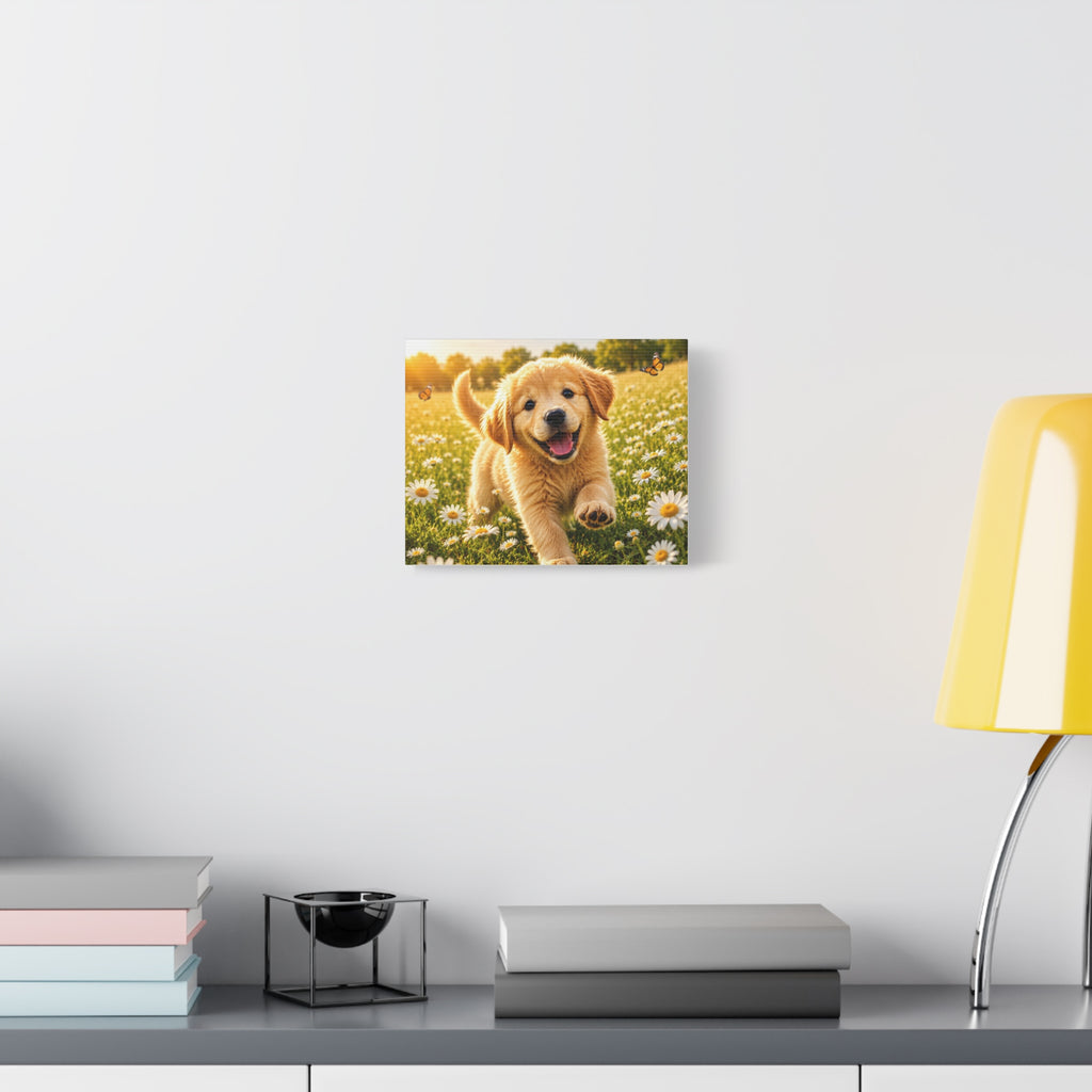 Happy Golden Retriever Puppy Canvas Wall Art | Dog Lover Gift | Floral Meadow Home Decor