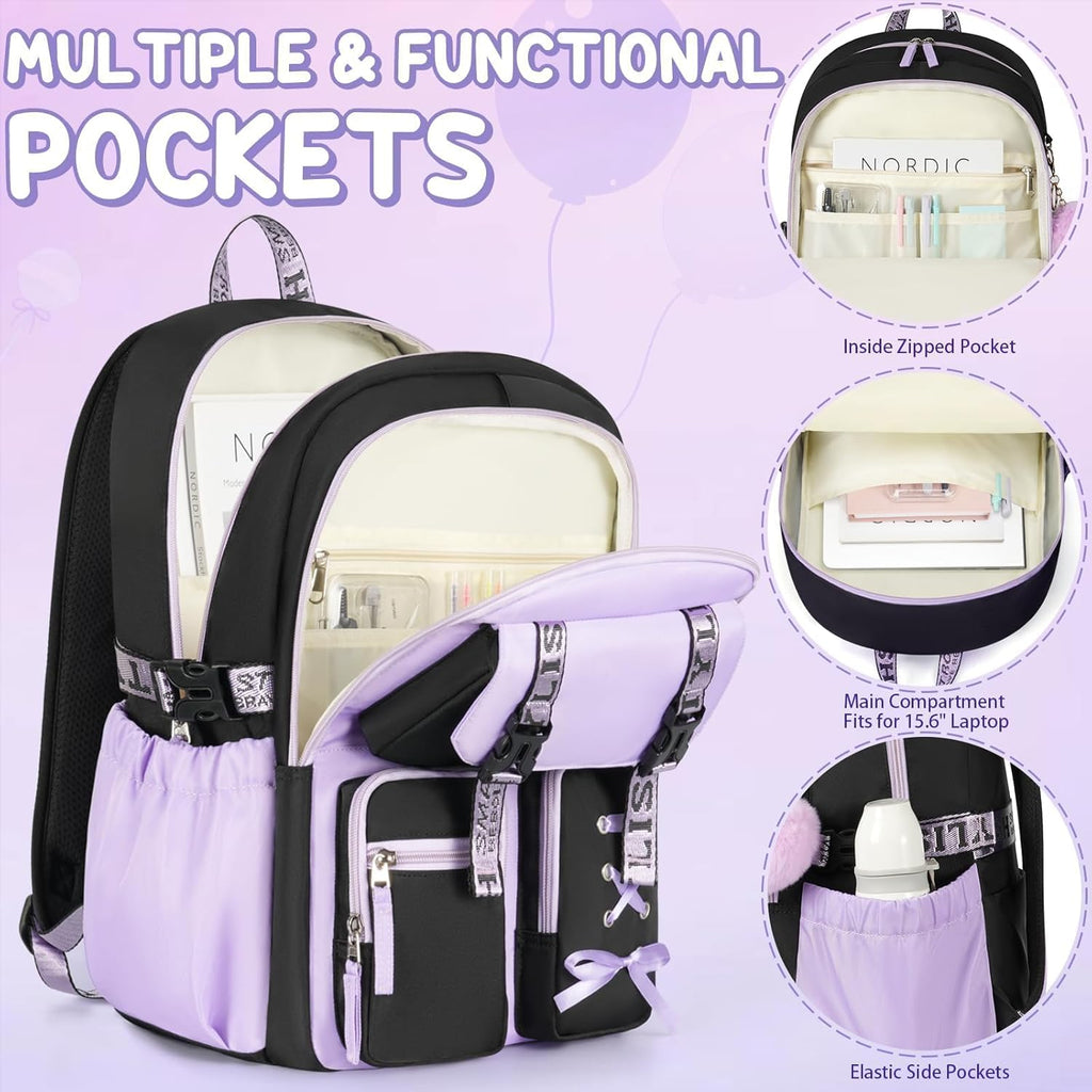Backpack for Girls, 3 PCS Waterproof Girls Backpack with Lunch Box | W/ Pencil Case, Kid Backpacks for Teen Girl Kindergarten Elementary Middle High School Student Back to School Kid Bookbag Set