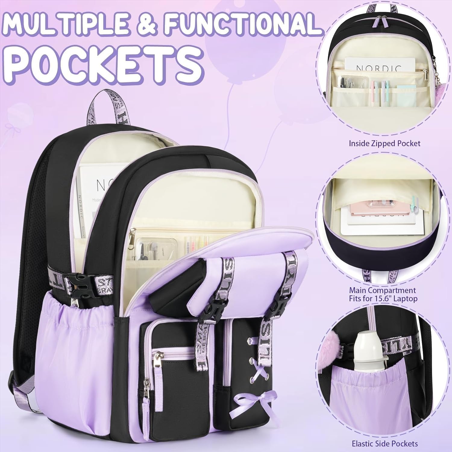 Backpack for Girls, 3 PCS Waterproof Girls Backpack with Lunch Box | W/ Pencil Case, Kid Backpacks for Teen Girl Kindergarten Elementary Middle High School Student Back to School Kid Bookbag Set