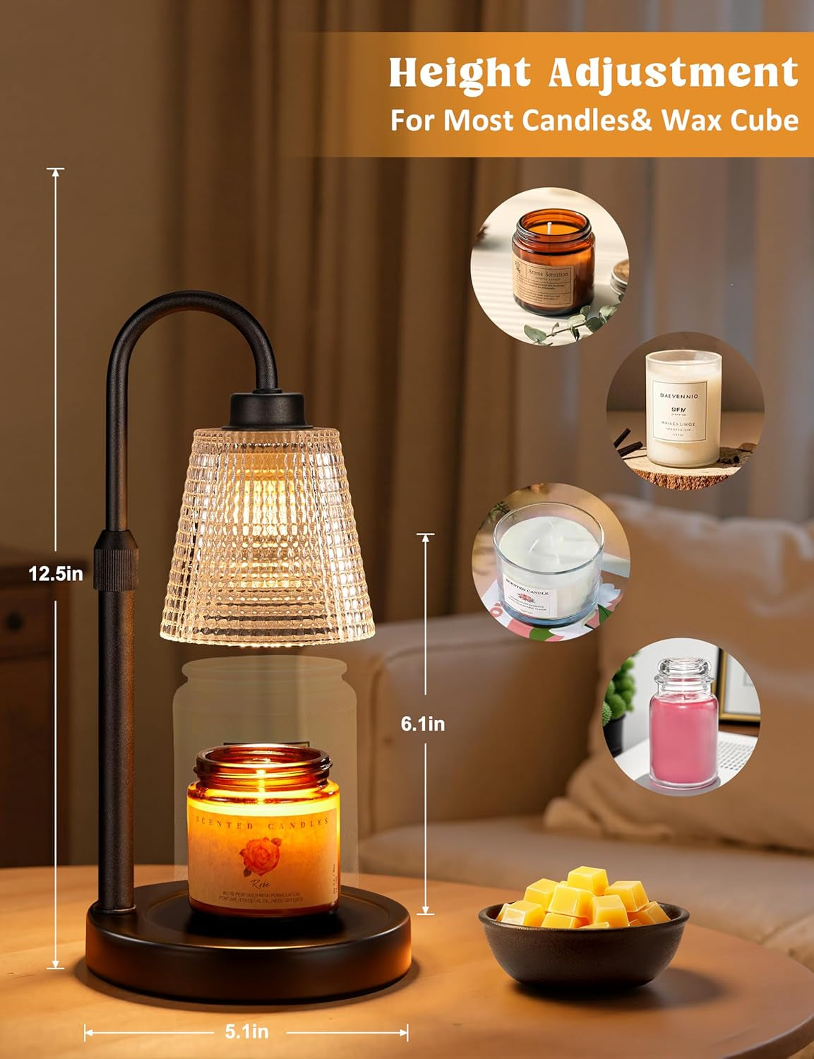 Candle Warmer Lamp with Timer Home Decor Birthday Gifts for Women | Dimmable Candle Warmer for Jar Candles, Height Adjustable Wax Melts Warmer, House Warming Gifts New