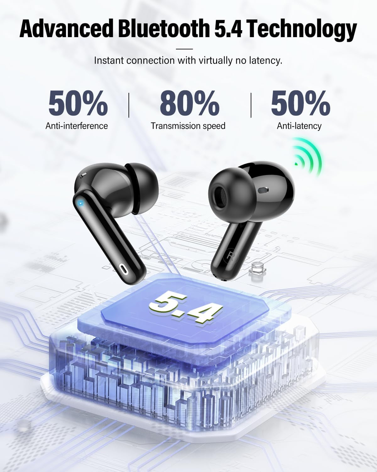 Wireless Earbuds, Bluetooth 5.4 Headphones Bass Stereo/Clear Calls, Black | Ear Buds with Noise Cancelling Mic LED Display in Ear Earphones IP7 Waterproof 36H Bluetooth Earbuds for Phones/Sport/Laptop