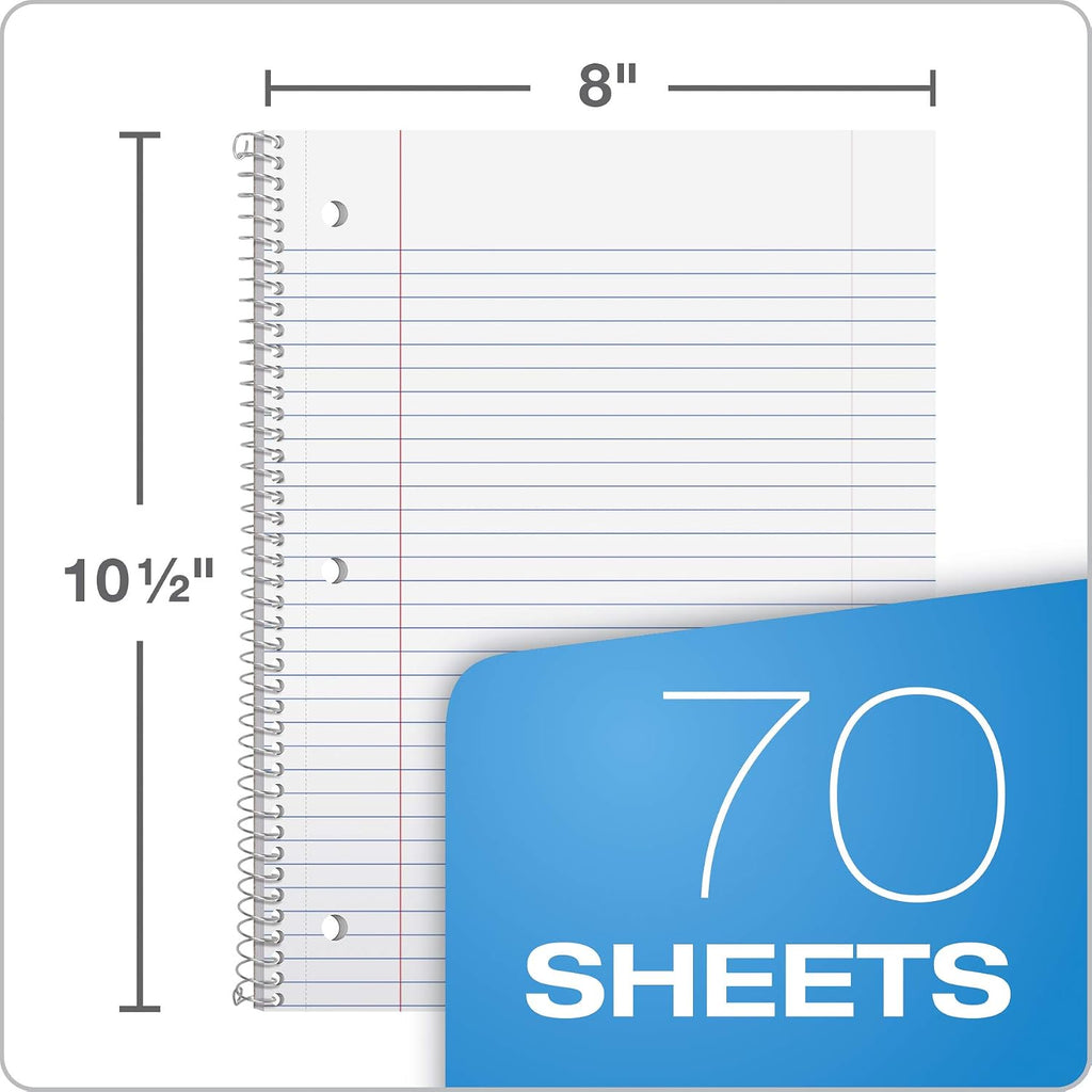 Spiral Notebook 6 Pack, 1 Subject, College Ruled Paper, 8 X 10-1/2 Inch, Color Assortment Design May Vary (65007)