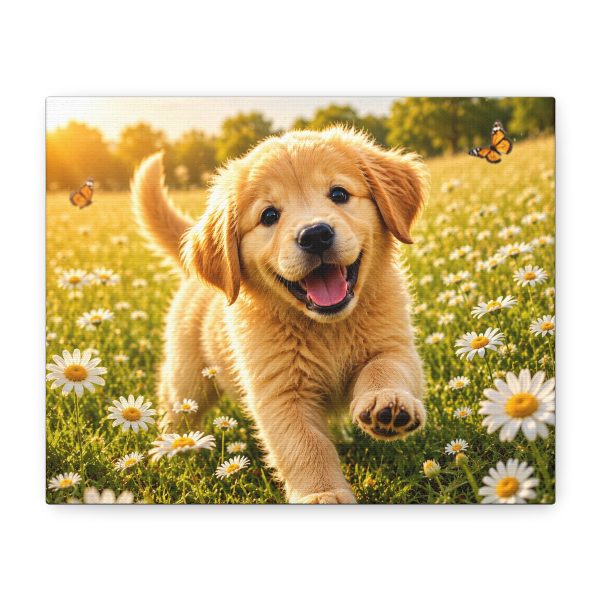 Happy Golden Retriever Puppy Canvas Wall Art | Dog Lover Gift | Floral Meadow Home Decor