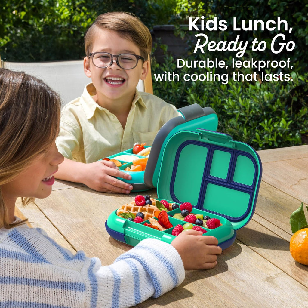 Bentgo Chill Kids 4-Compartment Bento Box Leakproof Lunch Box | Built-In Ice Pack, 3.3 Cup Capacity, Bpa-Free, Microwave & Dishwasher Safe Tray, Ideal for Ages 3–7 (Green/Navy)