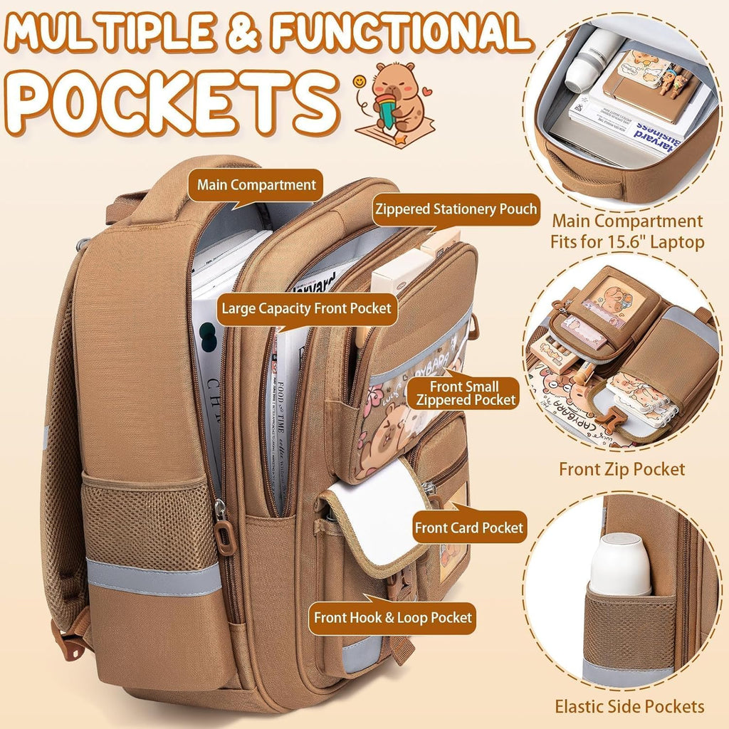 Capybara Backpack for School Girls, 30PCS Capybara School Supplies | Stationery Set with Bookbag Pencil Case Pins Gel Pens Pencils Notebooks for Back to School Kindergarten Elementary Student