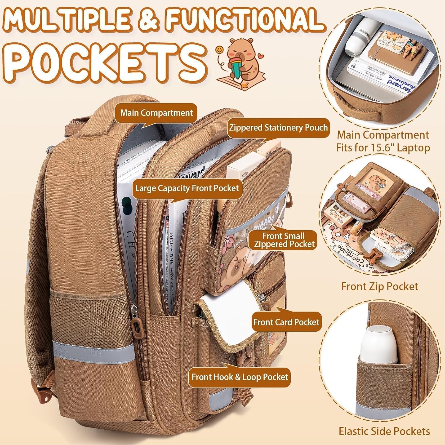 Capybara Backpack for School Girls, 30PCS Capybara School Supplies | Stationery Set with Bookbag Pencil Case Pins Gel Pens Pencils Notebooks for Back to School Kindergarten Elementary Student