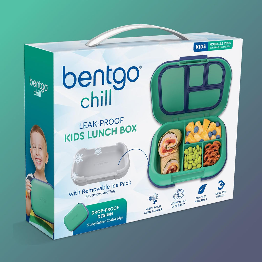 Bentgo Chill Kids 4-Compartment Bento Box Leakproof Lunch Box | Built-In Ice Pack, 3.3 Cup Capacity, Bpa-Free, Microwave & Dishwasher Safe Tray, Ideal for Ages 3–7 (Green/Navy)