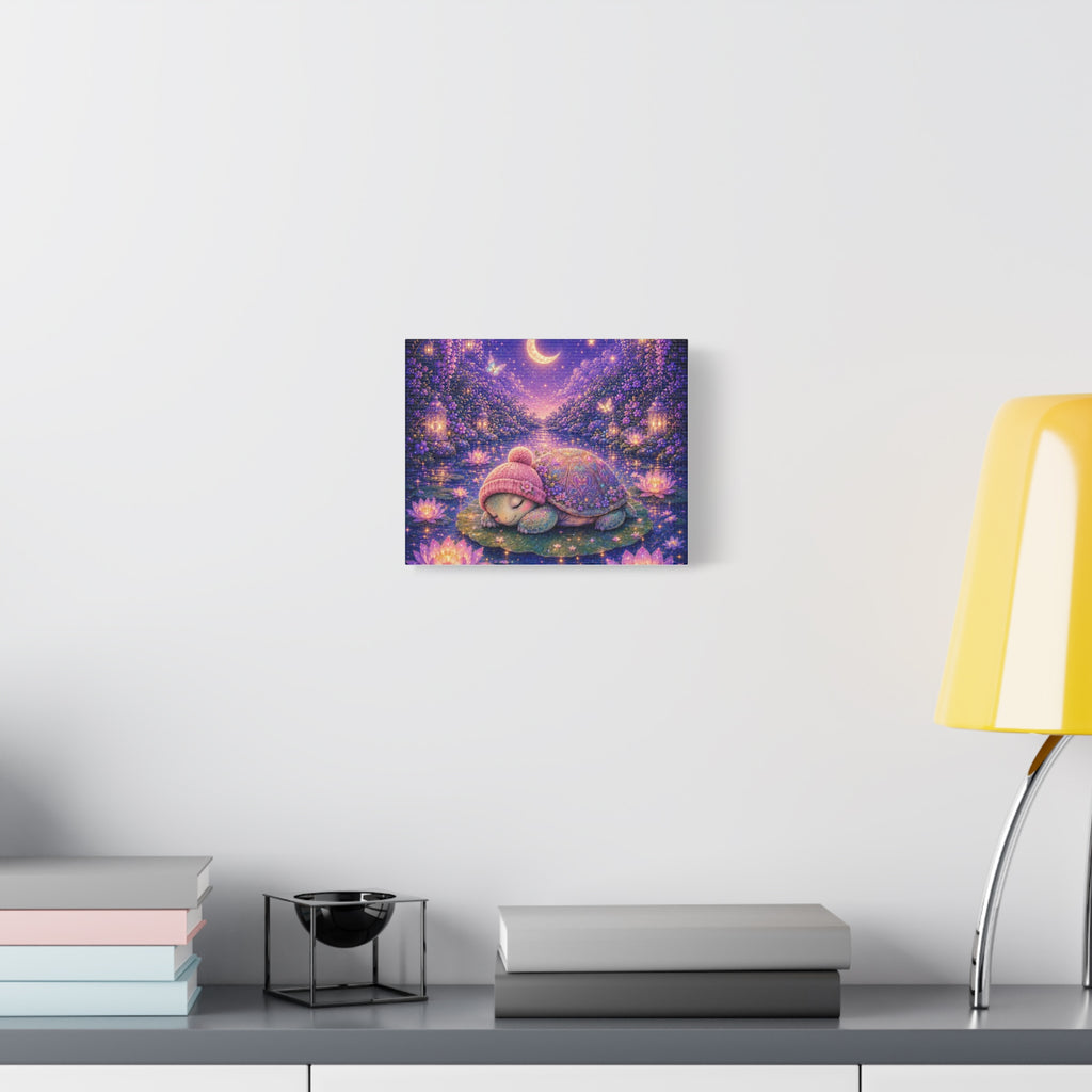 Sleeping Baby Turtle Canvas Wall Art | Whimsical Nursery Decor | Dreamy Moonlit Pond Print