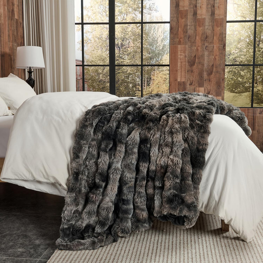 Faux Fur Blanket Tie-Dye Dark Gray Twin Size - Big Bubble Rabbit Fluff Throw for Couch Small Fluffy Fuzzy Cozy Thick Furry Plush Shaggy Blankets 60X80 Inches