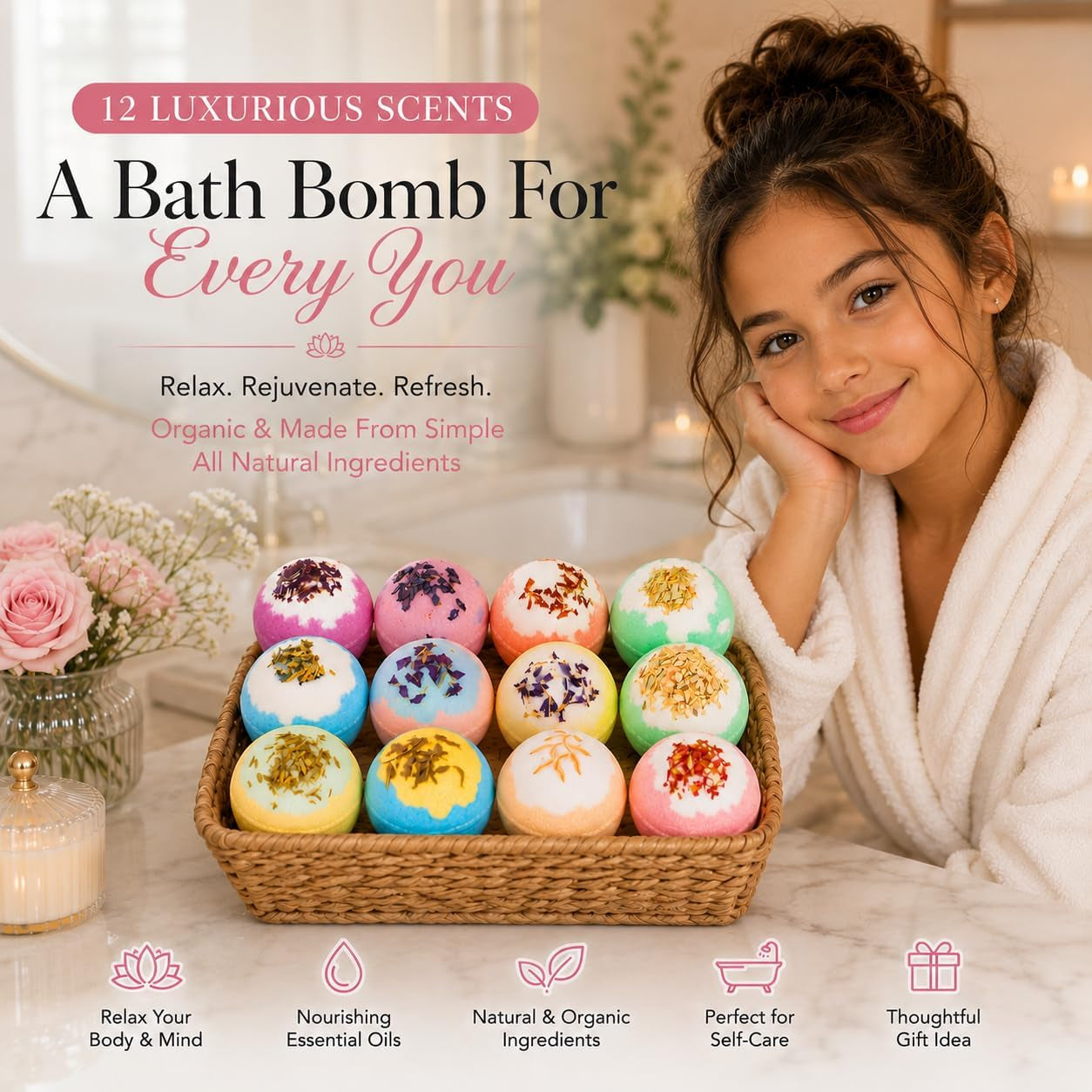 12 Inspire Bath Bombs for Women & Girls – Flower Topped Bath Bombs Girls, Fun Bathbombs Set, Organic Bath Fizzers, Luxury Gift for Mothers Day, Birthday, Christmas, Easter or Self Care