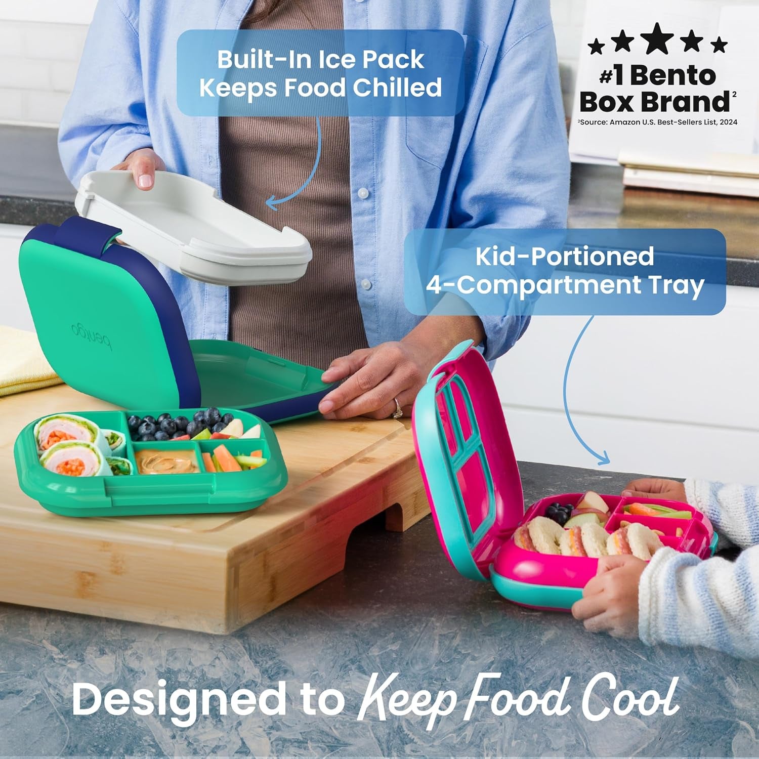 Bentgo Chill Kids 4-Compartment Bento Box Leakproof Lunch Box | Built-In Ice Pack, 3.3 Cup Capacity, Bpa-Free, Microwave & Dishwasher Safe Tray, Ideal for Ages 3–7 (Green/Navy)