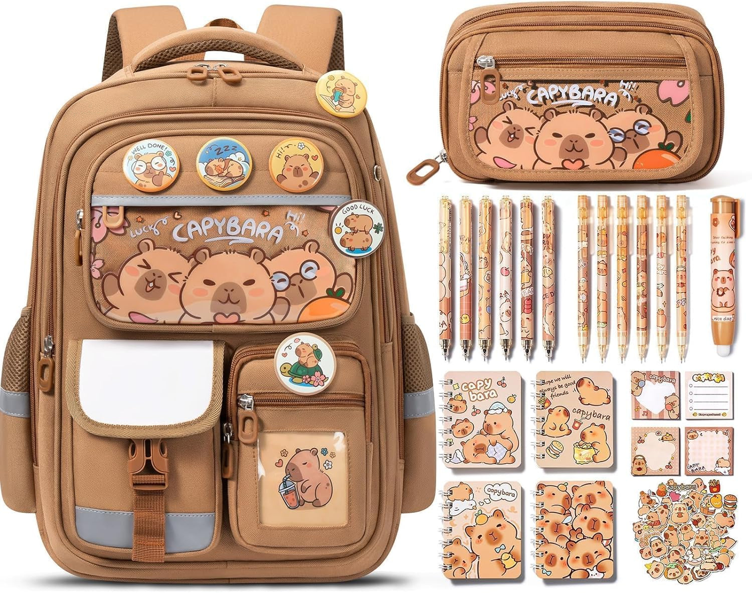 Capybara Backpack for School Girls, 30PCS Capybara School Supplies | Stationery Set with Bookbag Pencil Case Pins Gel Pens Pencils Notebooks for Back to School Kindergarten Elementary Student