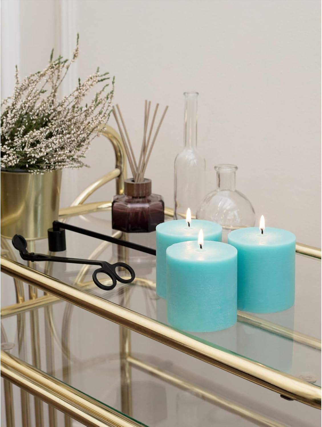 3X3 Pillar Candles Set of 3 - Rustic Unscented No Drip Turquoise Candles for Home Decor, Weddings, Centerpieces