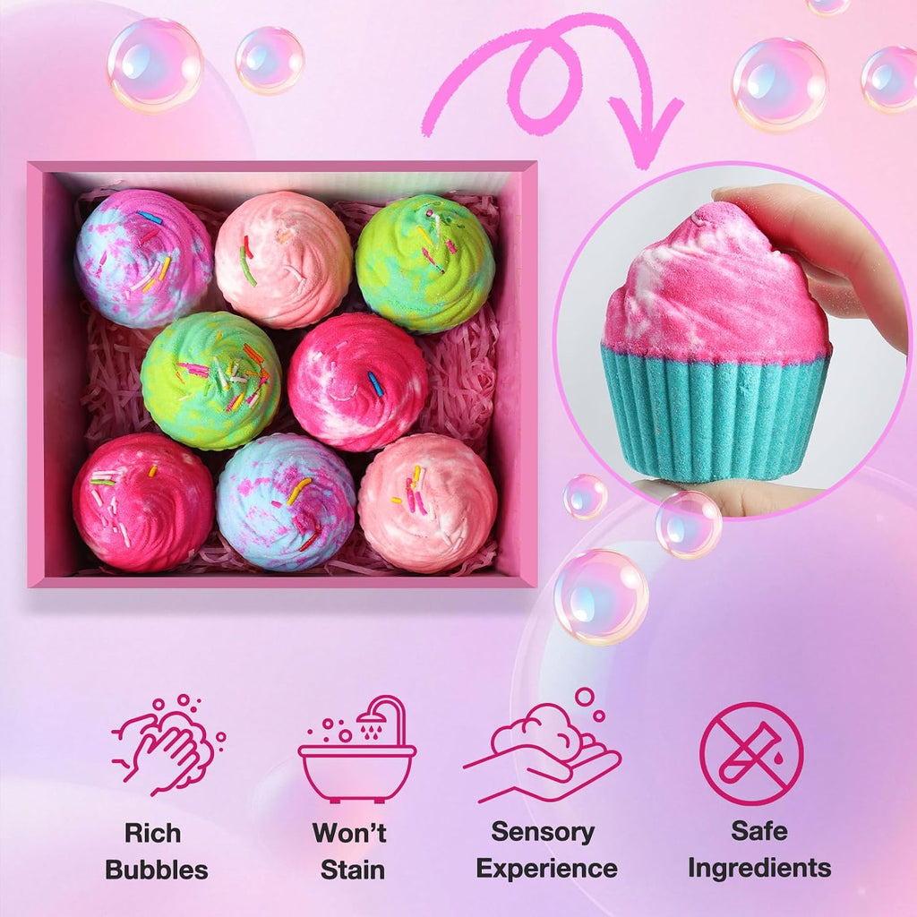 Bath Bombs for Kids with Surprise Jewelry Toys Inside, 8 Cupcake Bath Bombs Gifts Set, Girls, Teens, Kids Birthday Christmas Gift, Handmade Fizzy Bubble Spa Bath Ball for Girls Daughter Granddaughter