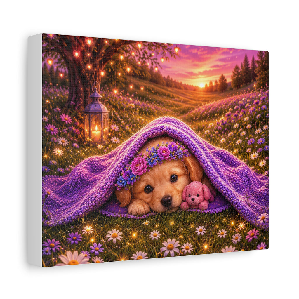 Sleeping Golden Retriever Puppy Canvas Wall Art | Cozy Nursery Decor | Whimsical Sunset Meadow Print