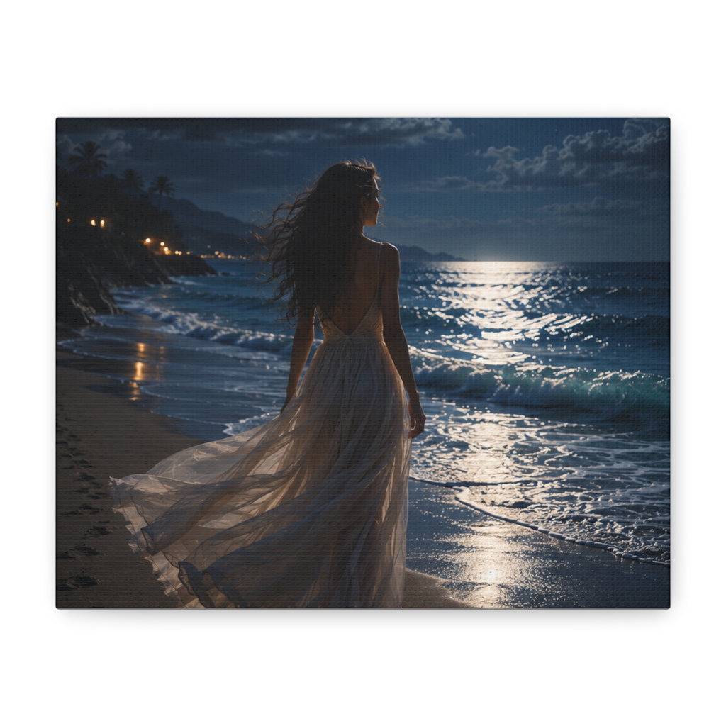 Moonlight beach serenity wall art elegant woman by the ocean canvas print