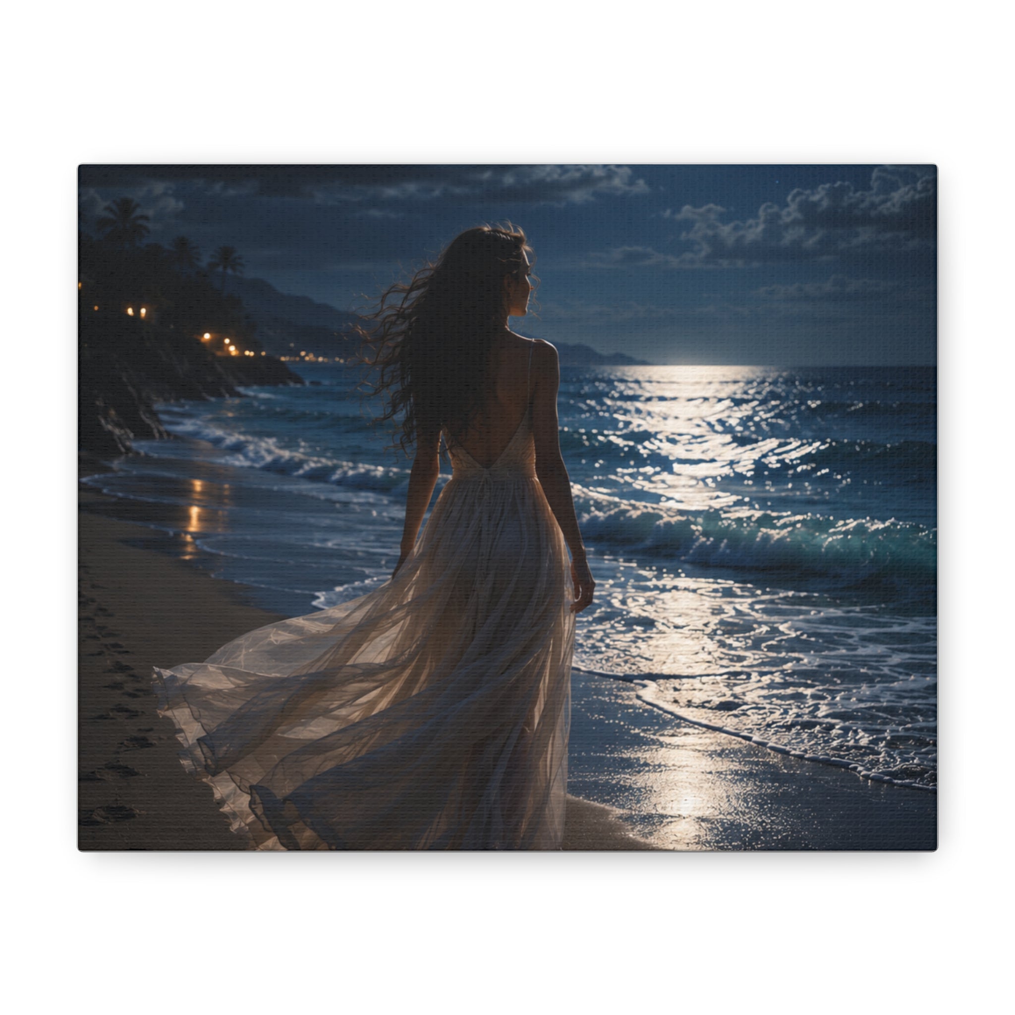 Moonlight beach serenity wall art elegant woman by the ocean canvas print