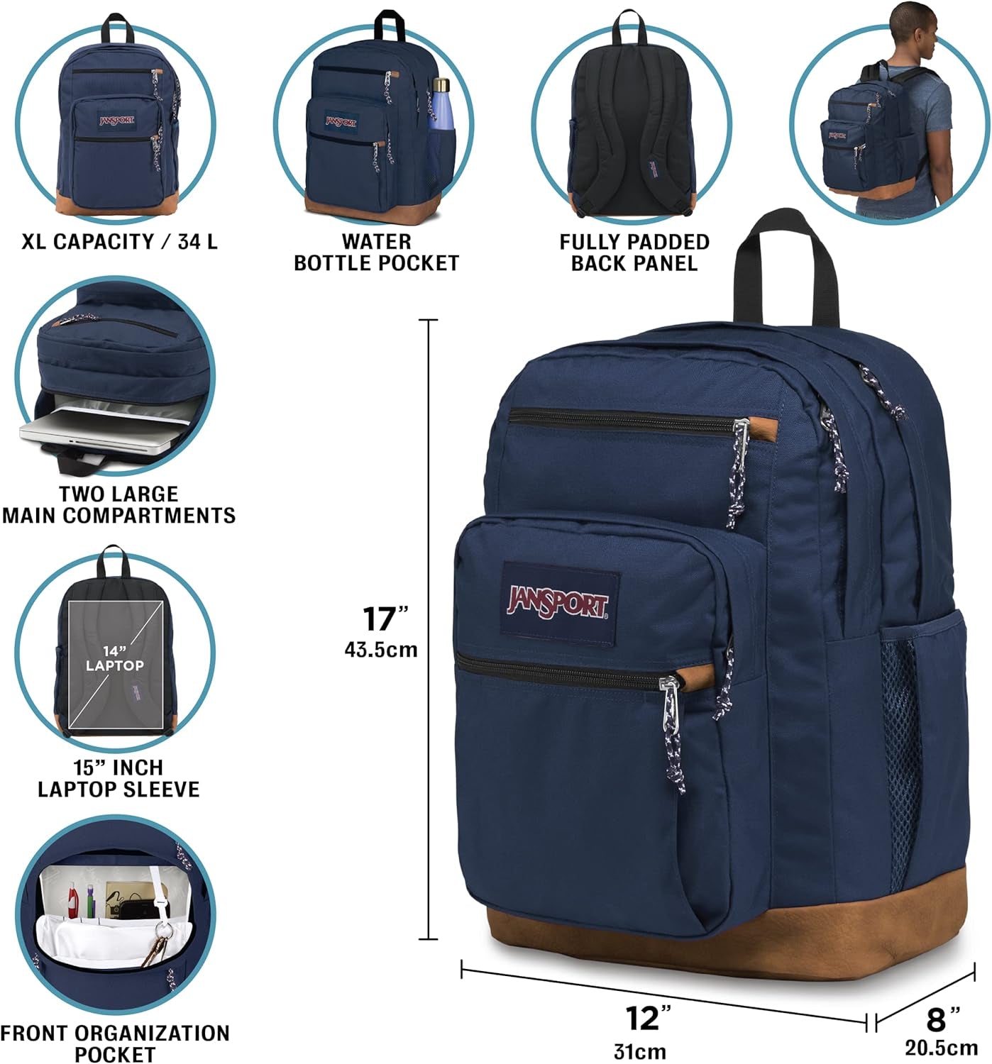 Cool Backpack, with 15-Inch Laptop Sleeve - Large Computer Bag Rucksack with 2 Compartments, Ergonomic Straps, Black