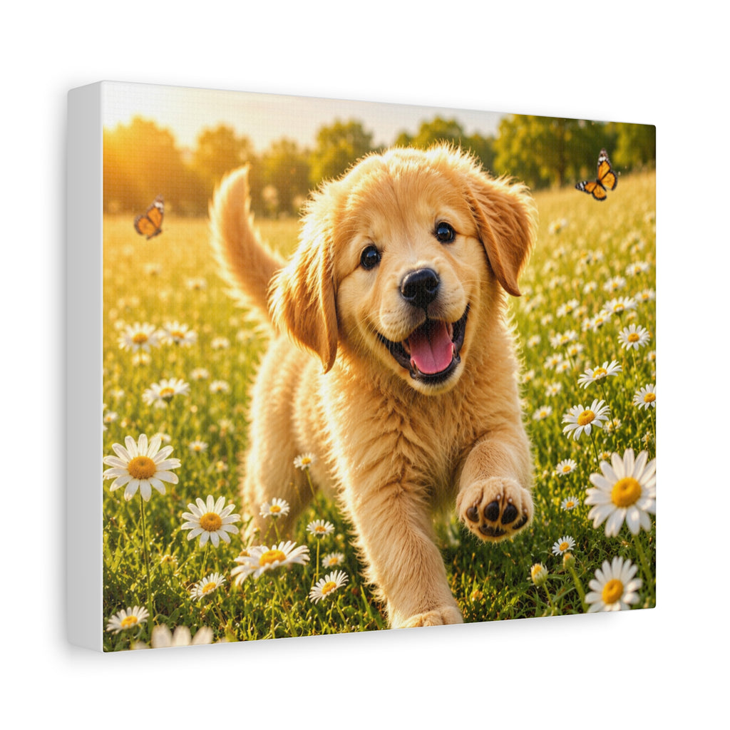 Happy Golden Retriever Puppy Canvas Wall Art | Dog Lover Gift | Floral Meadow Home Decor
