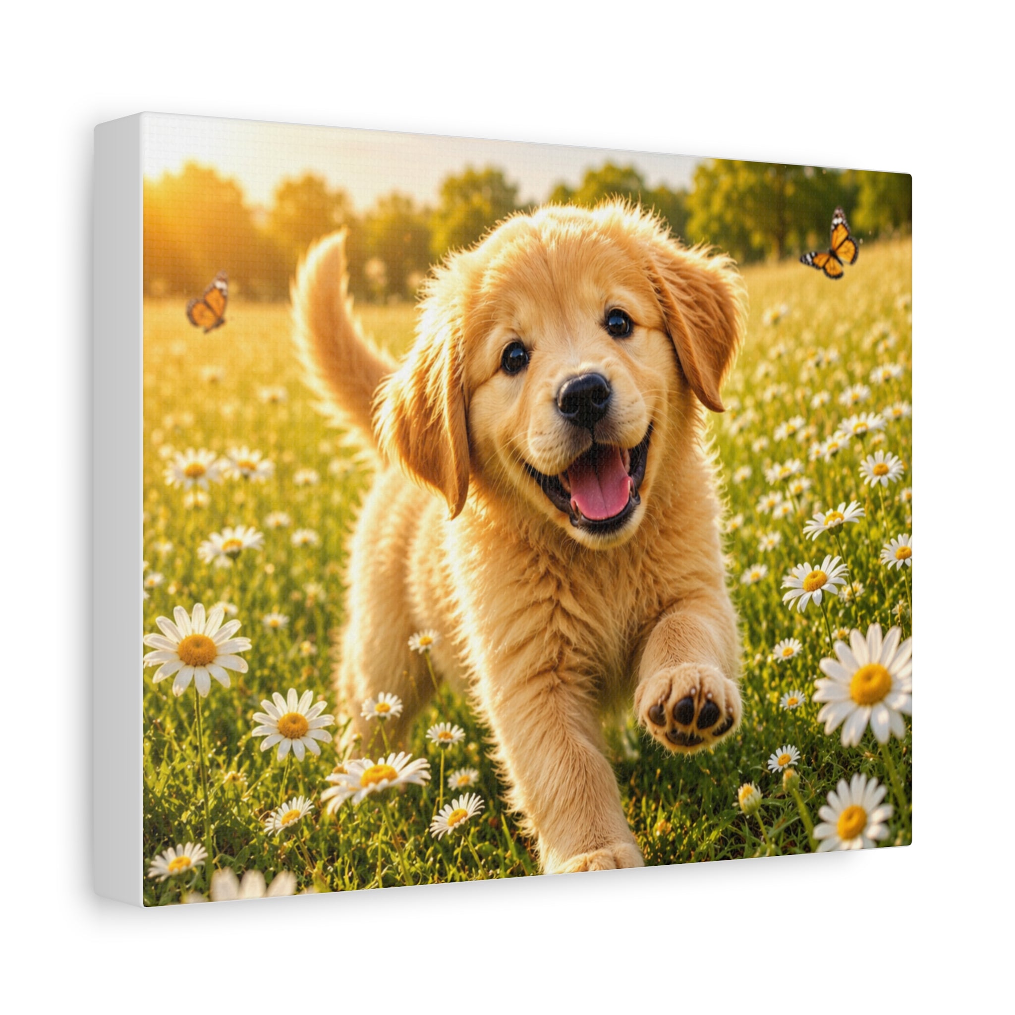 Happy Golden Retriever Puppy Canvas Wall Art | Dog Lover Gift | Floral Meadow Home Decor