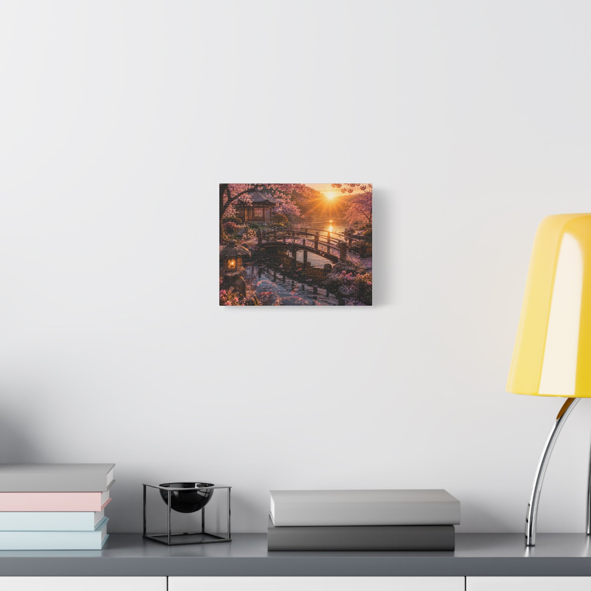 Enchanted garden bridge wall art cozy cottage floral landscape canvas print