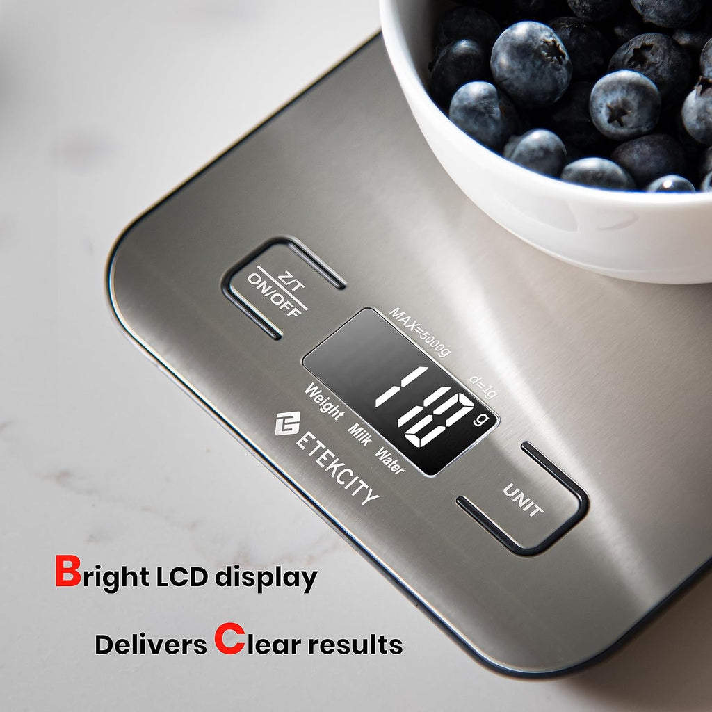 Food Kitchen Scale, Digital Grams and Ounces, 11Lb | Tare Function, Ideal for Baking, Weight Loss, Keto, Meal Prep, Packages, Liquids and Jewelry, 304 Stainless Steel
