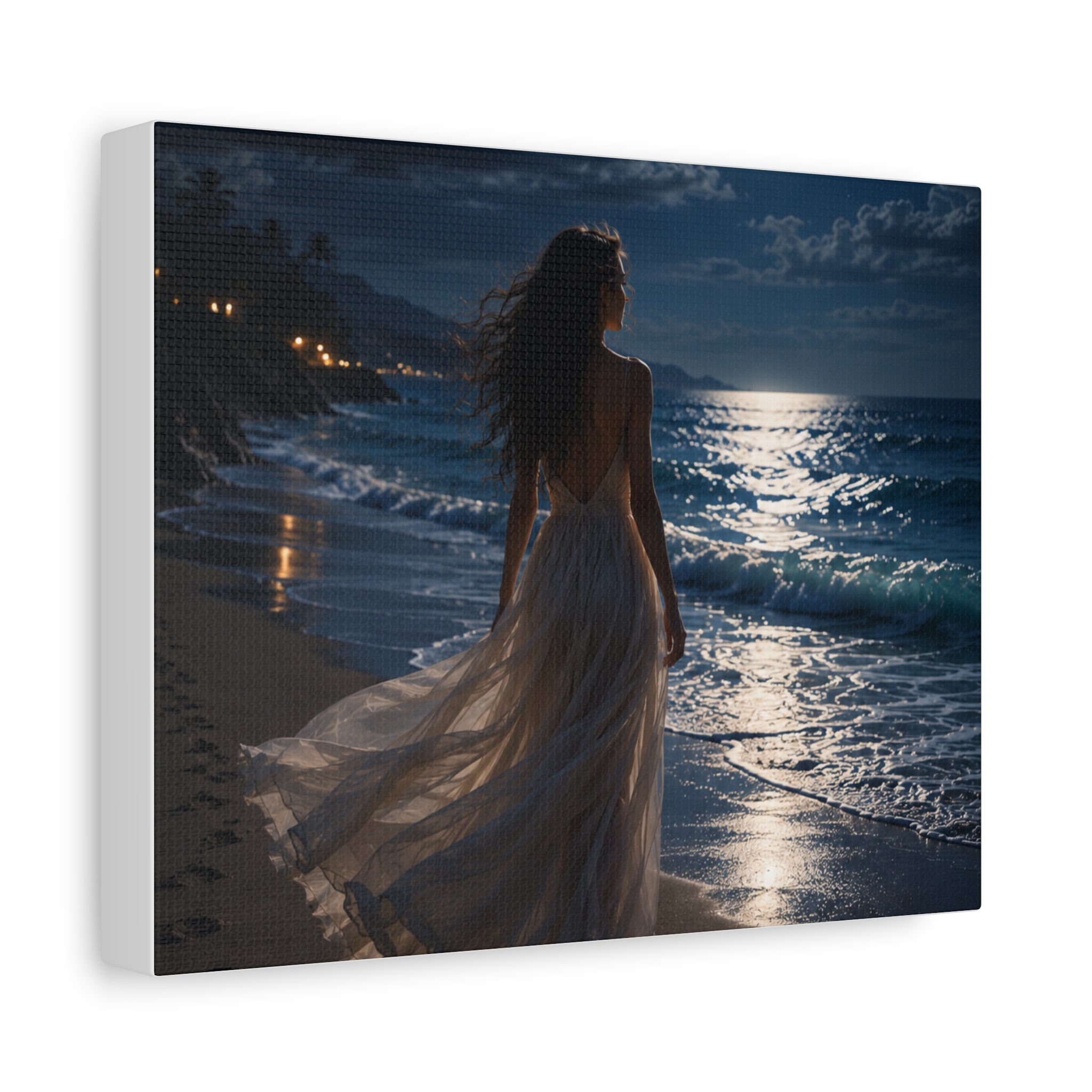 Moonlight beach serenity wall art elegant woman by the ocean canvas print
