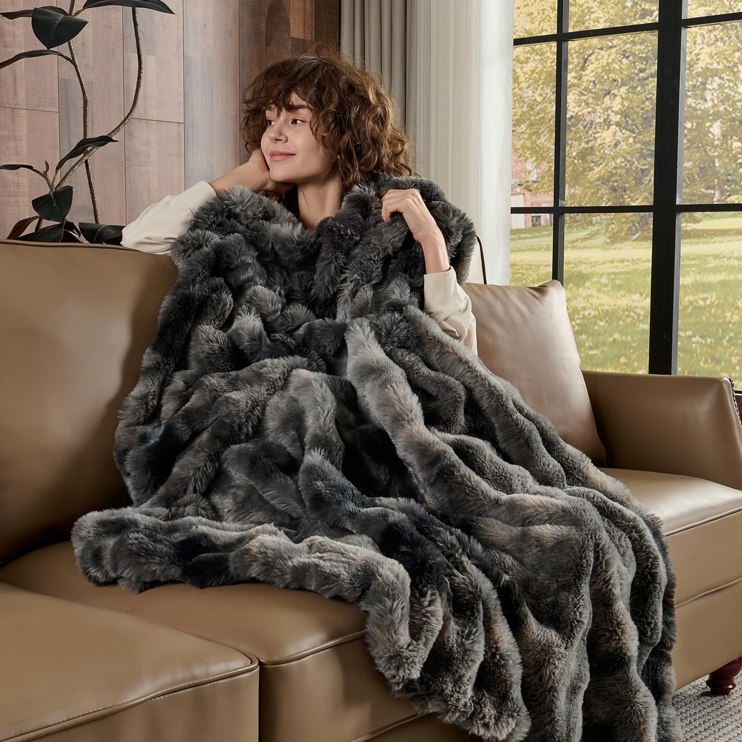 Faux Fur Blanket Tie-Dye Dark Gray Twin Size - Big Bubble Rabbit Fluff Throw for Couch Small Fluffy Fuzzy Cozy Thick Furry Plush Shaggy Blankets 60X80 Inches